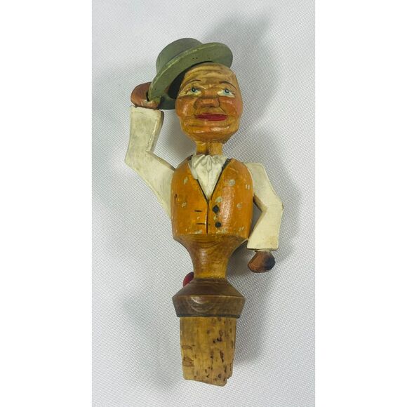 Vintage Anri Italian Wooden Bottle Stopper Man Tipping Hat Cork Hand Carved - Picture 3 of 10